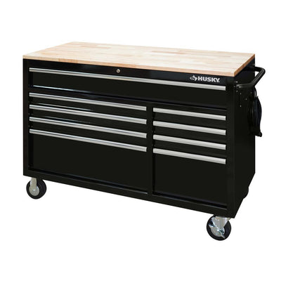 52 in. W 9-Drawer, Deep Tool Chest Mobile Workbench in Gloss Black with Hardwood Top