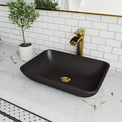 Sottile Glass Vessel Bathroom Sink in Black with Niko Faucet in Matte Gold - Super Arbor