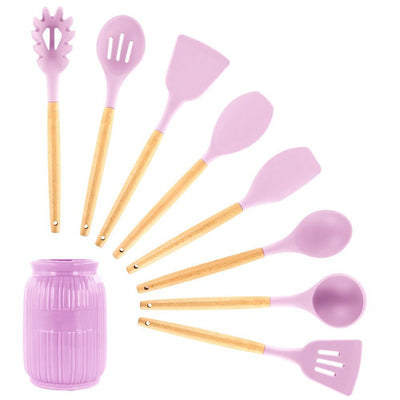 Pink Silicone and Wood Cooking Utensils (Set of 9) - Super Arbor