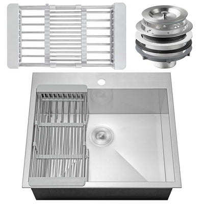 Handmade Drop-in Stainless Steel 25 in. x 22 in. Single Bowl Kitchen Sink with Drying Rack - Super Arbor