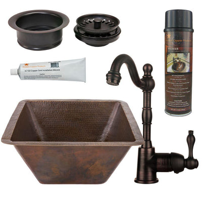 All-in-One Dual Mount Copper 17 in. Large Square Bar/Prep Sink with Faucet and Garbage Disposal Drain in ORB - Super Arbor