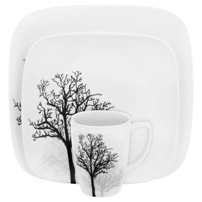 Square 16-Piece Seasonal Black Trees Glass Dinnerware Set (Service for 4) - Super Arbor