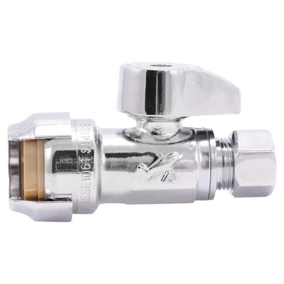 1/2 in. Push-to-Connect x 3/8 in. O.D. Compression Chrome-Plated Brass Quarter-Turn Straight Stop Valve - Super Arbor