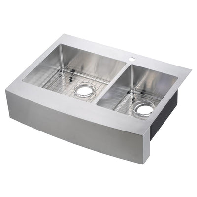 Brimley Retrofit Dual Mount Stainless Steel 33 in. 1-Hole 60/40 Double Bowl Curved Farmhouse Apron Front Kitchen Sink - Super Arbor