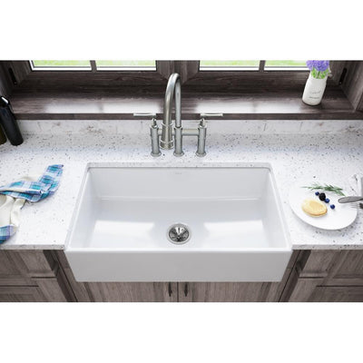 Burnham White Fireclay 33 in. Single Bowl Farmhouse Apron Kitchen Sink - Super Arbor