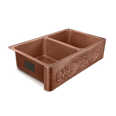 Renzen Farmhouse Apron-Front Handmade Copper 36 in. 50/50 Double Bowl Kitchen Sink in Antique Copper with Scroll Design - Super Arbor