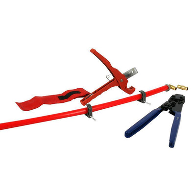 PEX Plumbing Kit - Crimper, Cutter Tool with Lock Hook, 3/4 in. Elbow Cinch & Half Clamp - Super Arbor