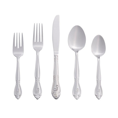 Rose Monogrammed Letter S 46-Piece Silver Stainless Steel Flatware Set (Service for 8) - Super Arbor