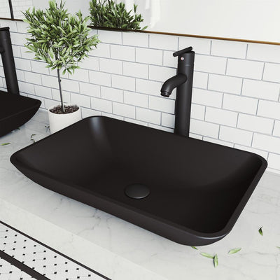Hadyn Glass Vessel Bathroom Sink in Black with Seville Faucet in Matte Black - Super Arbor