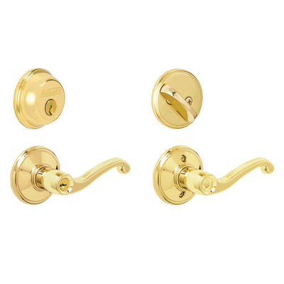 Bright Brass Single Cylinder Deadbolt with Flair Entry Door Lever Combo Pack - Super Arbor