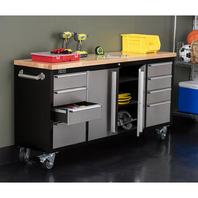 72 in. 8-Drawer Black Rolling Mobile Workbench with Stainless Steel Face - Super Arbor