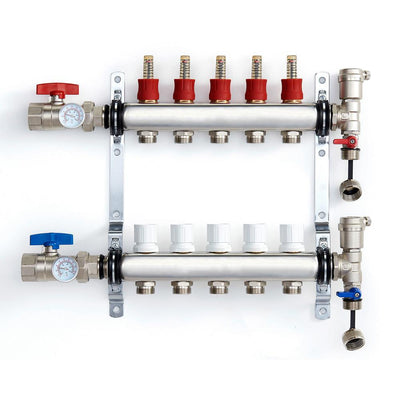 1 in. NPT Inlet x 1/2 in. Stainless Steel Compression Connection 5-Outlet Radiant Heating Manifold