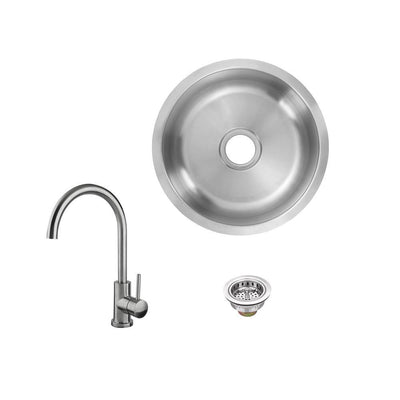 All-in-1 Undermount 18-Gauge Stainless Steel 16 in. 0-Hole Round Single Bowl Bar Sink with Gooseneck Kitchen Faucet - Super Arbor