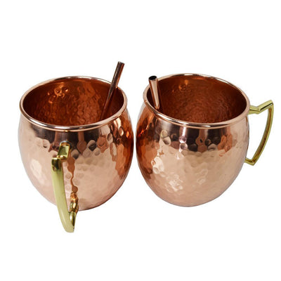 Solid Round Pair of 100% Copper Moscow Mule Mug Cups with Straws 17 oz Hammered Handcrafted 5" L x 3.5" W x 4" H - Super Arbor