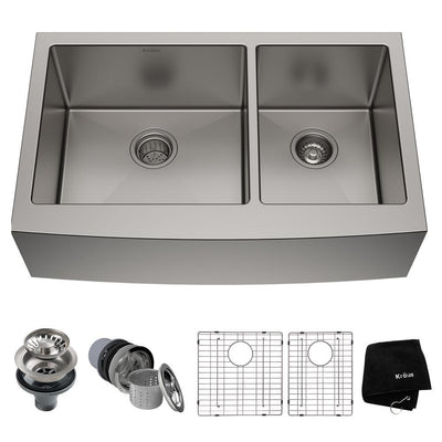 Standart PRO Farmhouse Apron-Front Stainless Steel 33 in. Double Bowl Kitchen Sink - Super Arbor