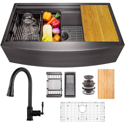 All-in-One Matte Black Finished Stainless Steel 33 in. x 22 in. Farmhouse Apron Mount Kitchen Sink with Pull-down Faucet - Super Arbor