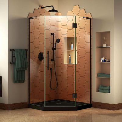 Prism Plus 42 in. x 42 in. x 74.75 in. Semi-Frameless Neo-Angle Hinged Shower Enclosure in Satin Black and Shower Base - Super Arbor