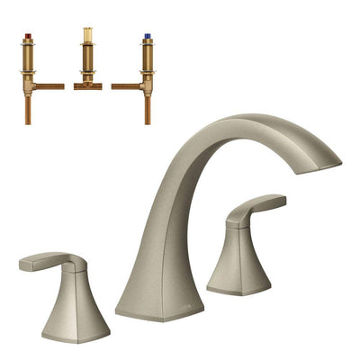 Voss 2-Handle Deck-Mount High Arc Roman Tub Faucet Trim Kit with Valve in Brushed Nickel - Super Arbor