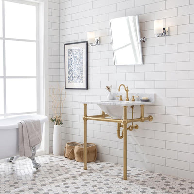 Embassy 30 in. Brass Wash Stand with Satin Brass P-Trap Kit, Faucet, Marble Counter Top, and White Basin - Super Arbor