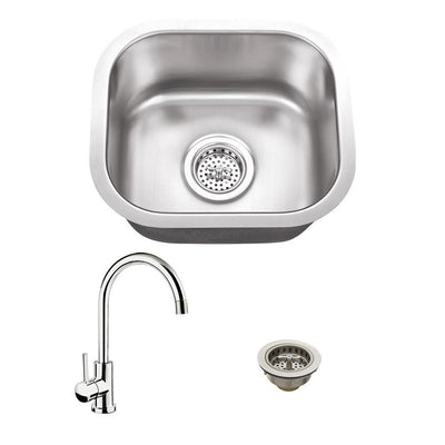 All-in-One Undermount Stainless Steel 15 in. Single Bowl Bar Sink with Polished Chrome Gooseneck Kitchen Faucet - Super Arbor