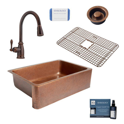 Adams All-in-One Farmhouse Copper 33 in. Single Bowl Kitchen Sink with Pfister Rustic Bronze Faucet and Disposal Drain - Super Arbor