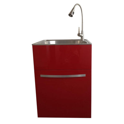 All-in-One 24.2 in. x 21.3 in. x 33.8 in. Stainless Steel Utility Sink and Large Empire Red Drawer Cabinet - Super Arbor