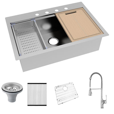 All-in-One Drop-In Stainless Steel 32 in. 4-Hole Single Bowl Kitchen Workstation Sink with Faucet and Accessories - Super Arbor