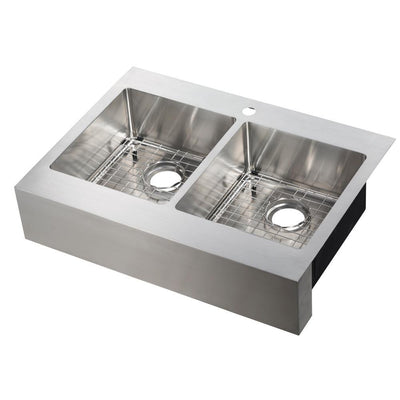 Brimley Retrofit Dual Mount Stainless Steel 33 in. 1-Hole 50/50 Double Bowl Flat Farmhouse Apron Front Kitchen Sink - Super Arbor