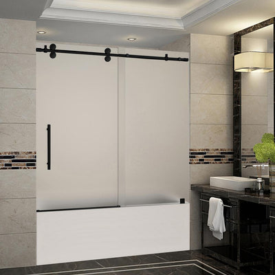 Langham 56 in. to 60 in. x 60 in. Frameless Sliding Tub Door with Frosted Glass in Matte Black - Super Arbor