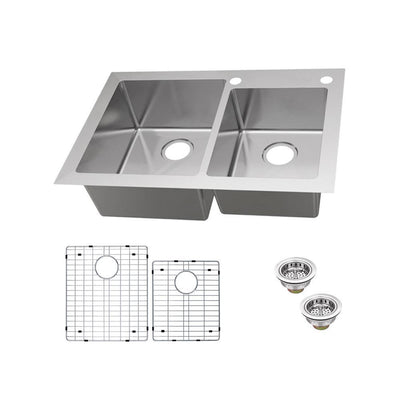 Dual Mount 18-Gauge Stainless Steel 33 in. 2-Hole 60/40 Double Bowl Kitchen Sink with Grid and Drain Assemblies - Super Arbor