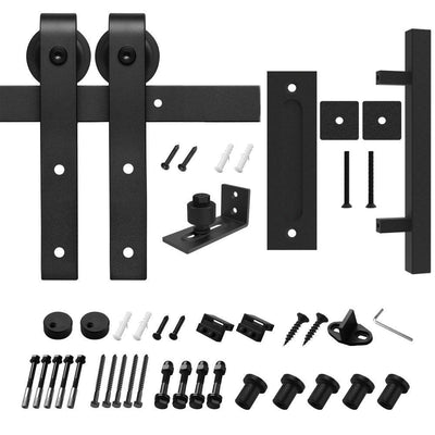 8 ft./96 in. Black Steel Bent Strap Sliding Barn Door Track and Hardware Kit with 12 in. Square Handle and Floor Guide - Super Arbor