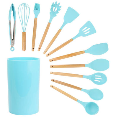 Light Teal Silicone and Wood Cooking Utensils (Set of 12) - Super Arbor