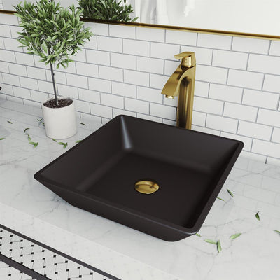 Roma Glass Vessel Bathroom Sink in Black with Linus Faucet in Matte Gold - Super Arbor