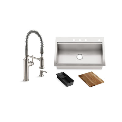 Lyric Workstation 33 in. Dual Mount Stainless Steel Single Bowl Kitchen Sink with Sous Semi Pro Kitchen Faucet - Super Arbor