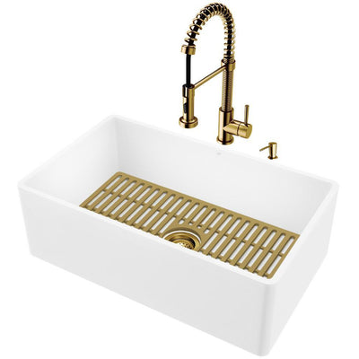 Matte Stone White Composite 30 in. Single Bowl Flat Farmhouse Kitchen Sink with Faucet in Matte Gold and Accessories - Super Arbor