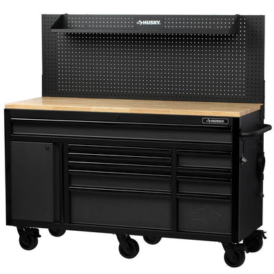 Heavy-Duty 61 in. W, Deep 10-Drawer 1-Door Tool Chest Mobile Workbench in Matte Black with Flip-up Pegboard