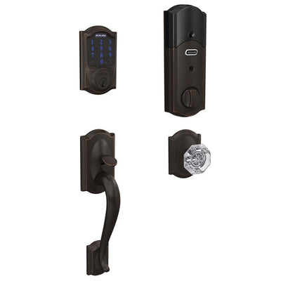 Camelot Connect Z-Wave Plus Aged Bronze Smart Deadbolt with Alarm and Custom Alexandria Glass Knob Handleset - Super Arbor