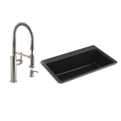 Kennon Drop-in/Undermount Granite Composite 33 in. Single Bowl Kitchen Sink with Sous Kitchen Faucet in Matte Black - Super Arbor