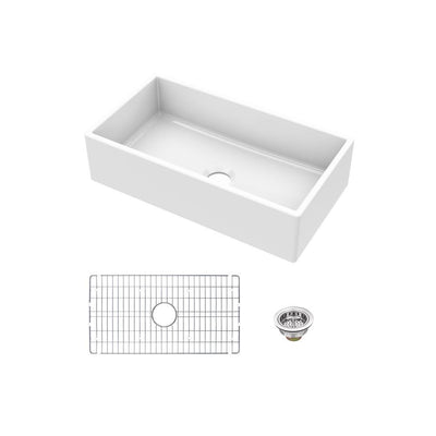 Fireclay 33 in. Single Bowl Apron-Front Farmhouse Kitchen Sink with Grid and Drain Assembly - Super Arbor