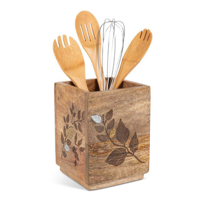 Mango Wood with Laser and Metal Inlay Leaf Design Utensil Holder - Super Arbor