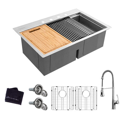 All-in-One Drop-In Stainless Steel 33 in. 4-Hole 50/50 Double Bowl Workstation Sink with Faucet and Accessories Kit - Super Arbor
