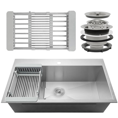 Handmade Drop-in Stainless Steel 30 in. x 18 in. Single Bowl Kitchen Sink with Drying Rack - Super Arbor