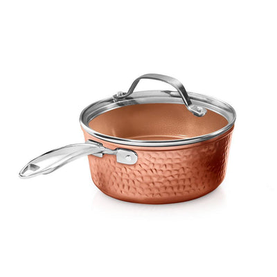 Hammered Copper 2.5 qt. Aluminum Non-Stick Stock Pot with Glass Lid - Super Arbor