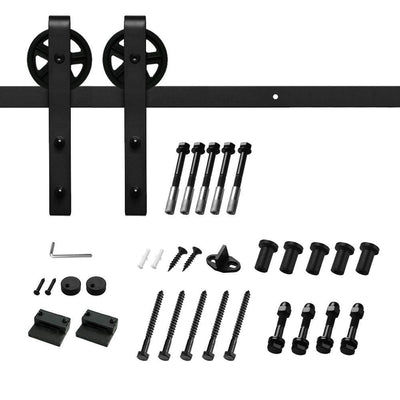 8 ft./96 in. Black Sliding Barn Door Track and Hardware Kit (Bigwheel J Shape Hanger) for Single Door with Floor Guide - Super Arbor