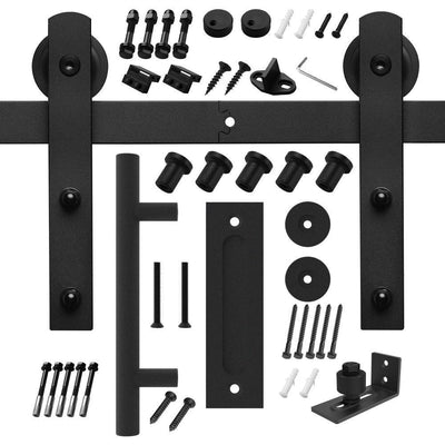 8 ft./96 in. Black Steel Straight Sliding Barn Door Track and Hardware Kit with 12 in. Cylinder Handle and Floor Guide - Super Arbor