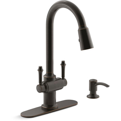 Thierry Two Handle Pull-Down Sprayer Kitchen Faucet with Soap Dispenser in Oil-Rubbed Bronze - Super Arbor