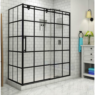 Kamaya 56 in. - 60 in. x 33.875 in. x 76 in. Frameless Sliding Shower Enclosure in Matte Black, Left Open - Super Arbor