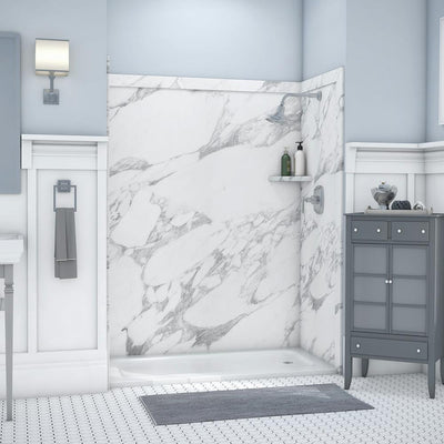 Royale 36 in. x 60 in. x 80 in. 11-Piece Easy Up Adhesive Alcove Bathtub/Shower Wall Surround in Calacatta White - Super Arbor