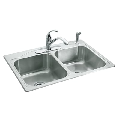 KOHLER Cadence 33-in x 22-in Stainless Steel Double Equal Bowl Drop-In 4-Hole Commercial/Residential Kitchen Sink