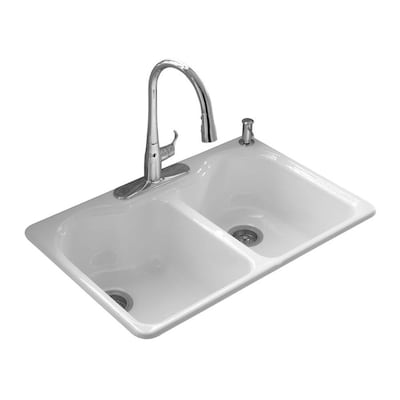 KOHLER Hartland 33-in x 22-in White Double Equal Bowl Drop-In 4-Hole Commercial/Residential Kitchen Sink